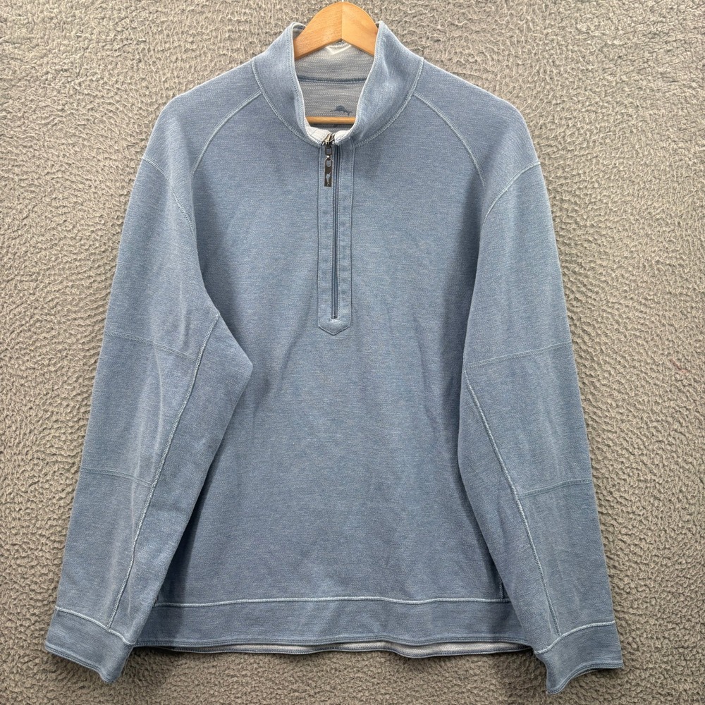 Tommy Bahama Sweater Mens XL Blue Quarter Zip Pullover Textured Knit Long Sleeve
